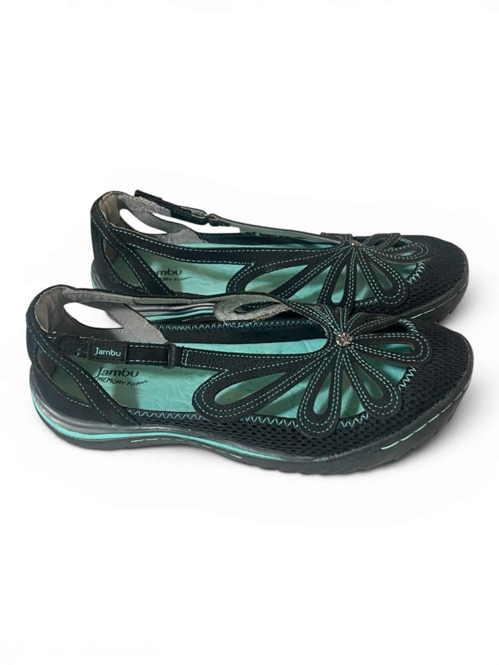 NWOT Jambu J Sport Daisy Toe Flats,  Women's Black & Teal Floral Cutout 10M - Picture 3 of 13
